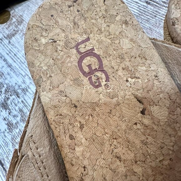 UGG Sandals Size 6.5  Nubuck Tan Lilah Strappy Suede Cork Wedge Hot! - Picture 12 of 12